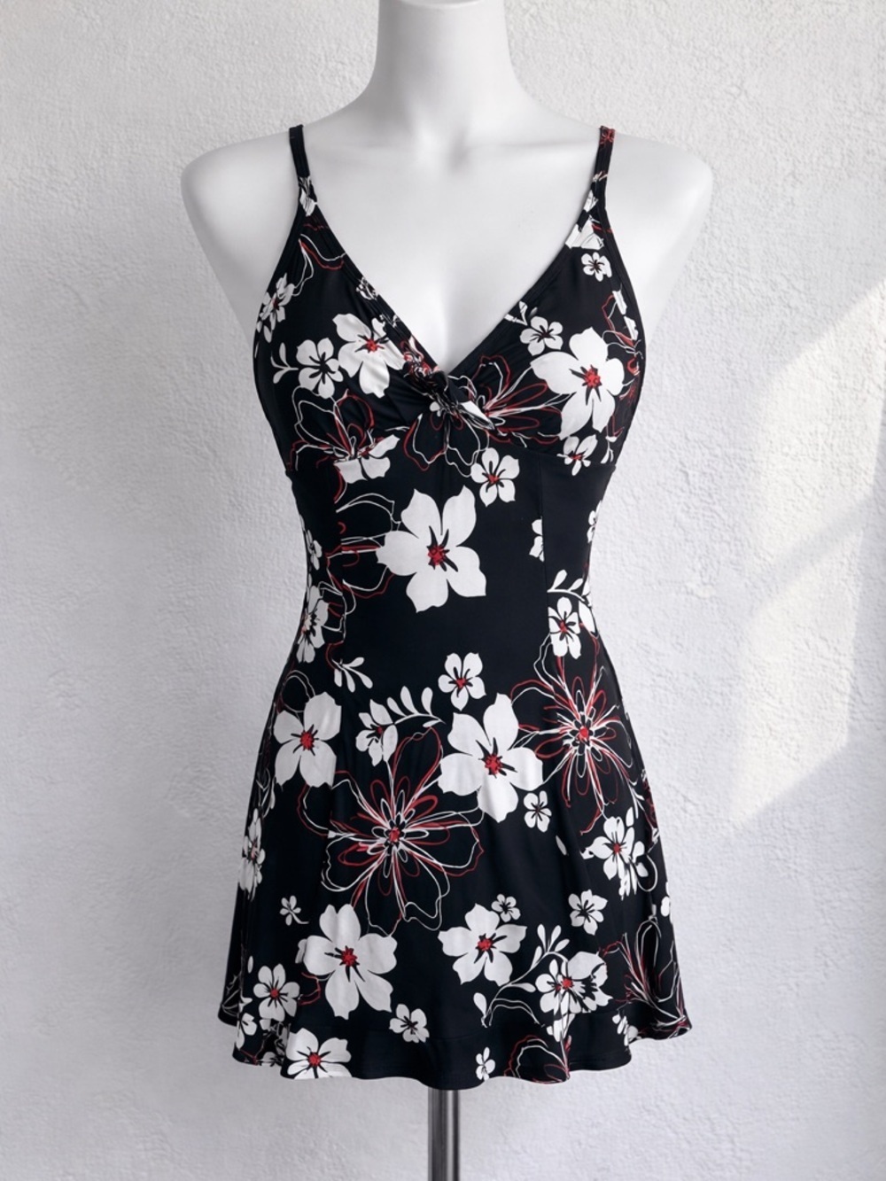 Vintage Floral Swim Dress Black White Red Retro Pin-Up One Piece L